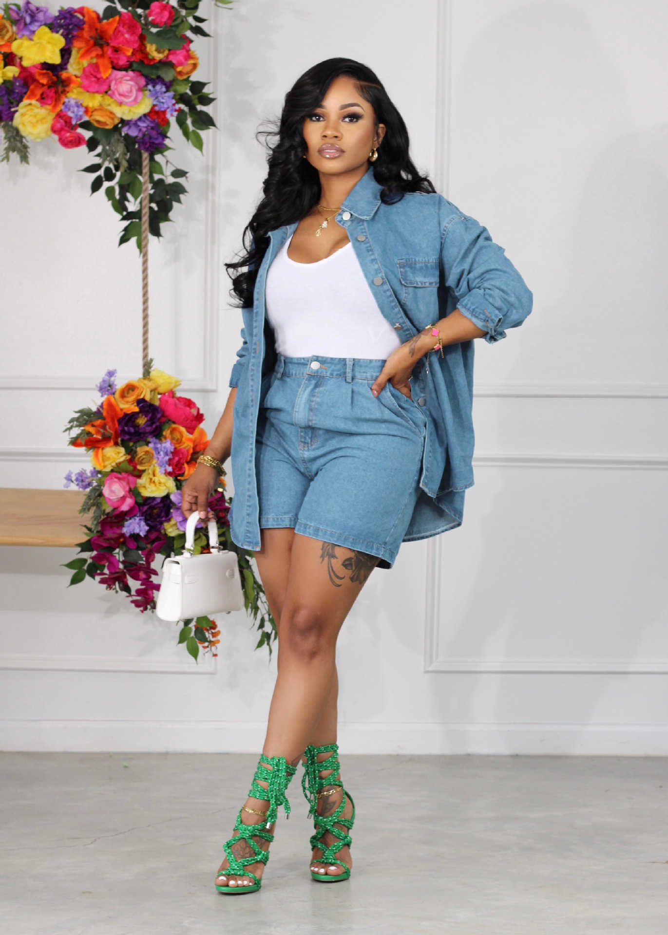 2023 Fall Jeans Two 2 Piece Set Women Tracksuits Fashion Denim Solid Color Long Sleeve Single Breasted Jacket And Shorts Sets Outfits