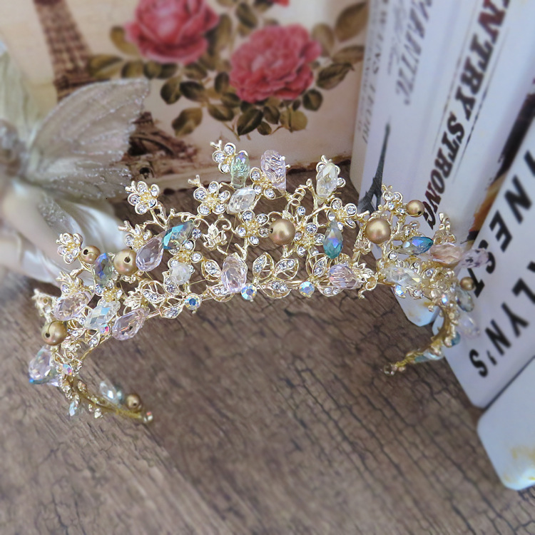 Wedding Hair Jewelry Brides Hair Jewelry Baroque Handmade Beaded Pink Gold Color Crowns Crystal Tiara Sweet Princess Tiaras Wedding Hair Accessories 2
