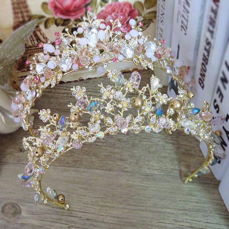 Wedding Hair Jewelry Brides Hair Jewelry Baroque Handmade Beaded Pink Gold Color Crowns Crystal Tiara Sweet Princess Tiaras Wedding Hair Accessories 2