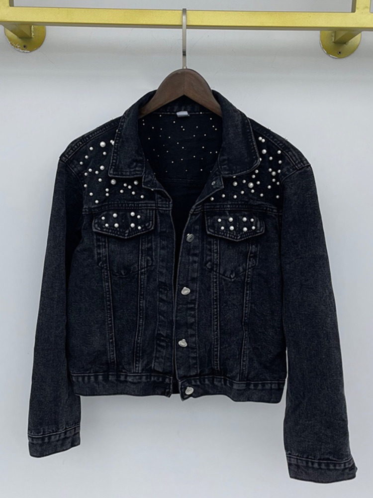 Womens Jackets DEAT Fast Delivery Autumn Fashion Denim Jacket Full Sleeve Loose Button Pearls Short Lapel Wild Casual AP446 230808