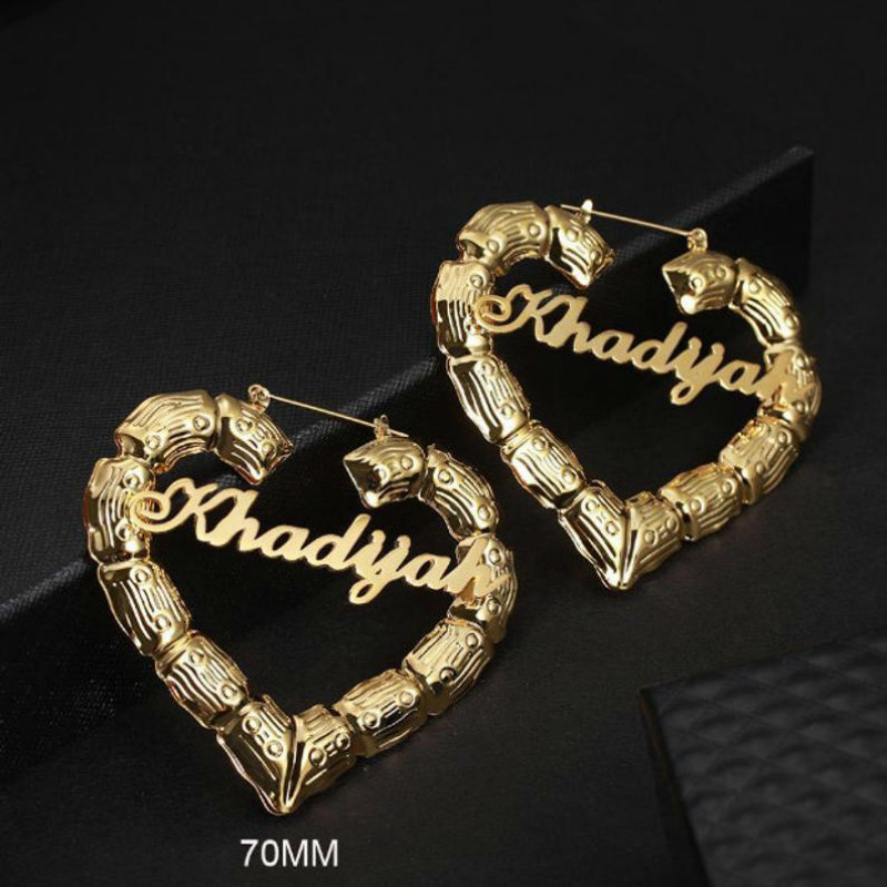 Hoop Huggie 70mm Custom Earrings Love shape Hiphop Sexy Bamboo Hoop Earrings Customizable Name Earrings Bamboo Style Heart Bamboo Earrings 230808