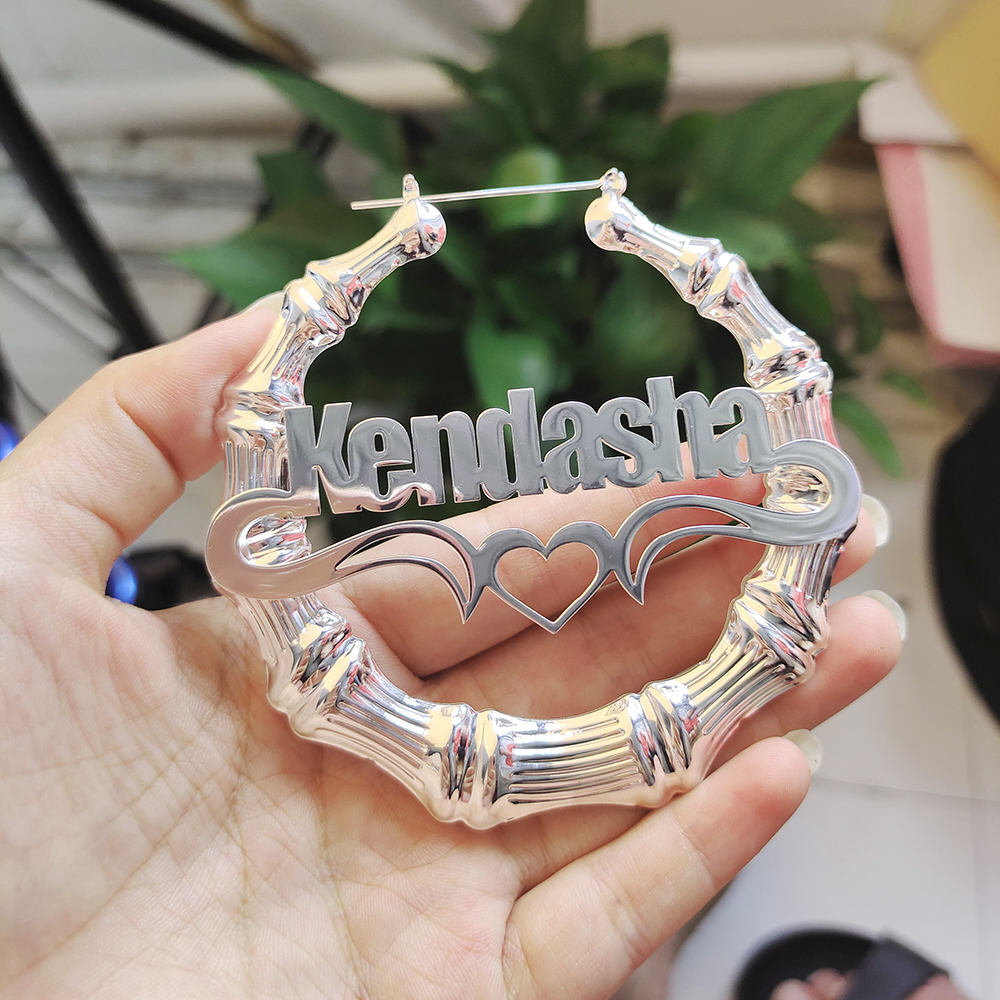 Hoop Huggie 30mm100mm Bamboo Earrings Customize Name Earrings Custom Hoop Bamboo Style Personality Earrings With Heartshaped with gift box 230808