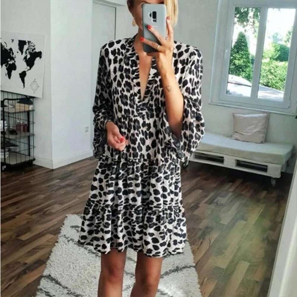 Spring And Summer Womens Animal Print Dress Long Sleeve V Neck Casual Resort Short