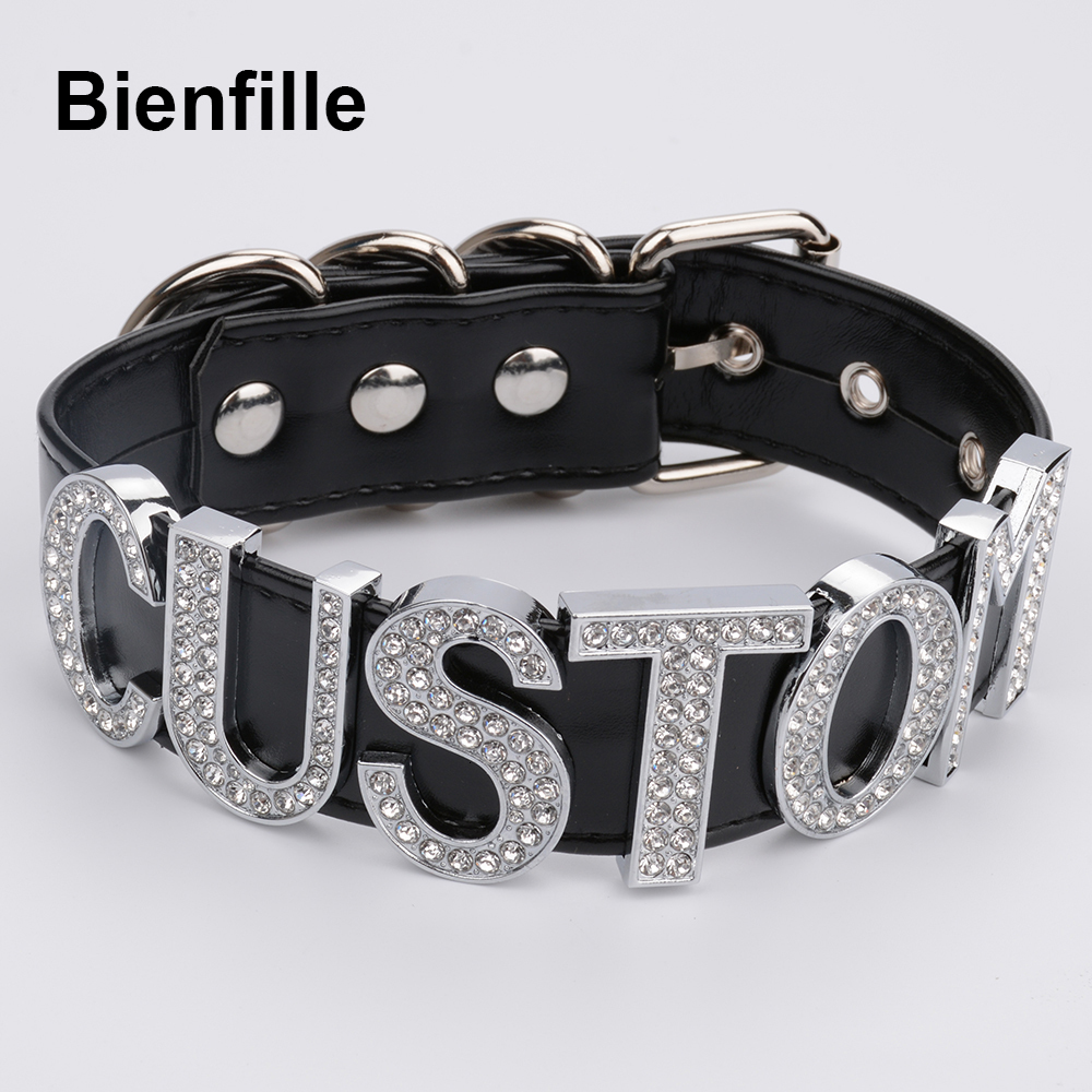 Pendant Necklaces Handmade Crystal Words Necklace Women Custom Choose Big Letters Choker Pink Punk Gothic PU Leather Collar Choker 230808