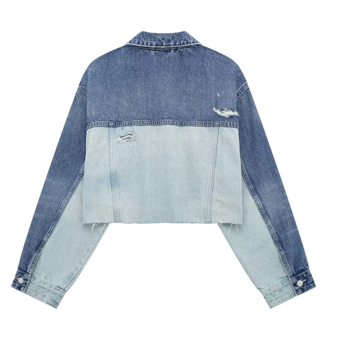 Womens Jackets TRAF Patchwork Denim Jacket Women Blue Jean Cropped Woman Long Sleeve Bomber for Streetwear Ripped Coats 230808