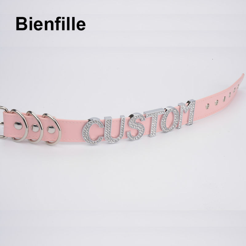 Pendant Necklaces Handmade Crystal Words Necklace Women Custom Choose Big Letters Choker Pink Punk Gothic PU Leather Collar Choker 230808