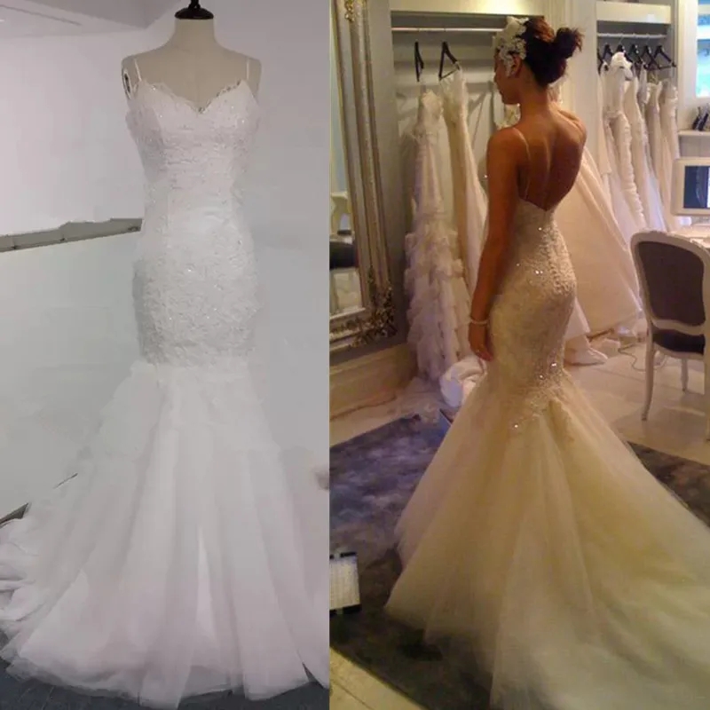 Plus Size Arabic Aso Ebi Mermaid Luxurious Wedding Dress Spaghetti Straps Applique Sparkly Real Image Bridal Gowns