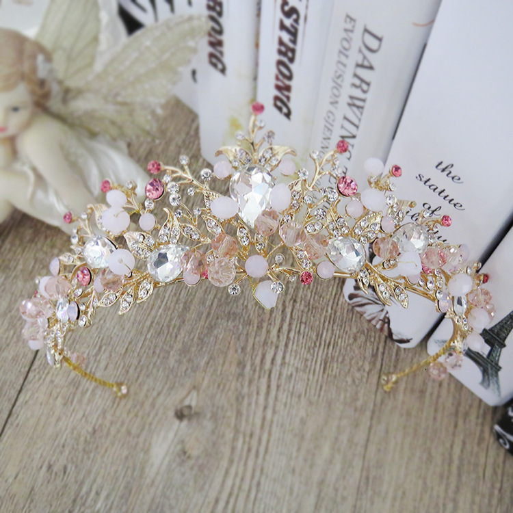 Wedding Hair Jewelry Brides Hair Jewelry Baroque Handmade Beaded Pink Gold Color Crowns Crystal Tiara Sweet Princess Tiaras Wedding Hair Accessories 2