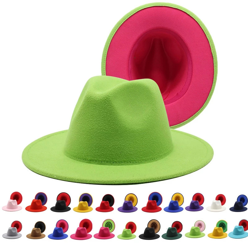 Wide Brim Hats Bucket QBHAT Twocolor Fedora Hat Women Men Felt Jazz Ladies Party Top Cap Patchwork Chapeau Sombreros De Mujer 50 Colors 230808