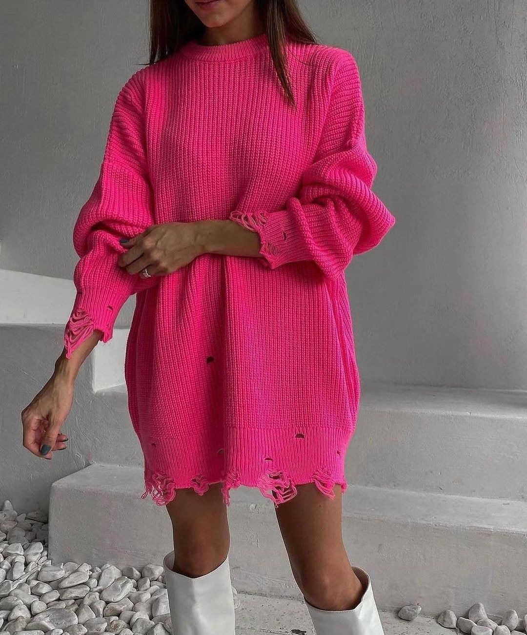 2023 New Knitted Round Neck Loose Split Mid Length Long Sleeve Sweater