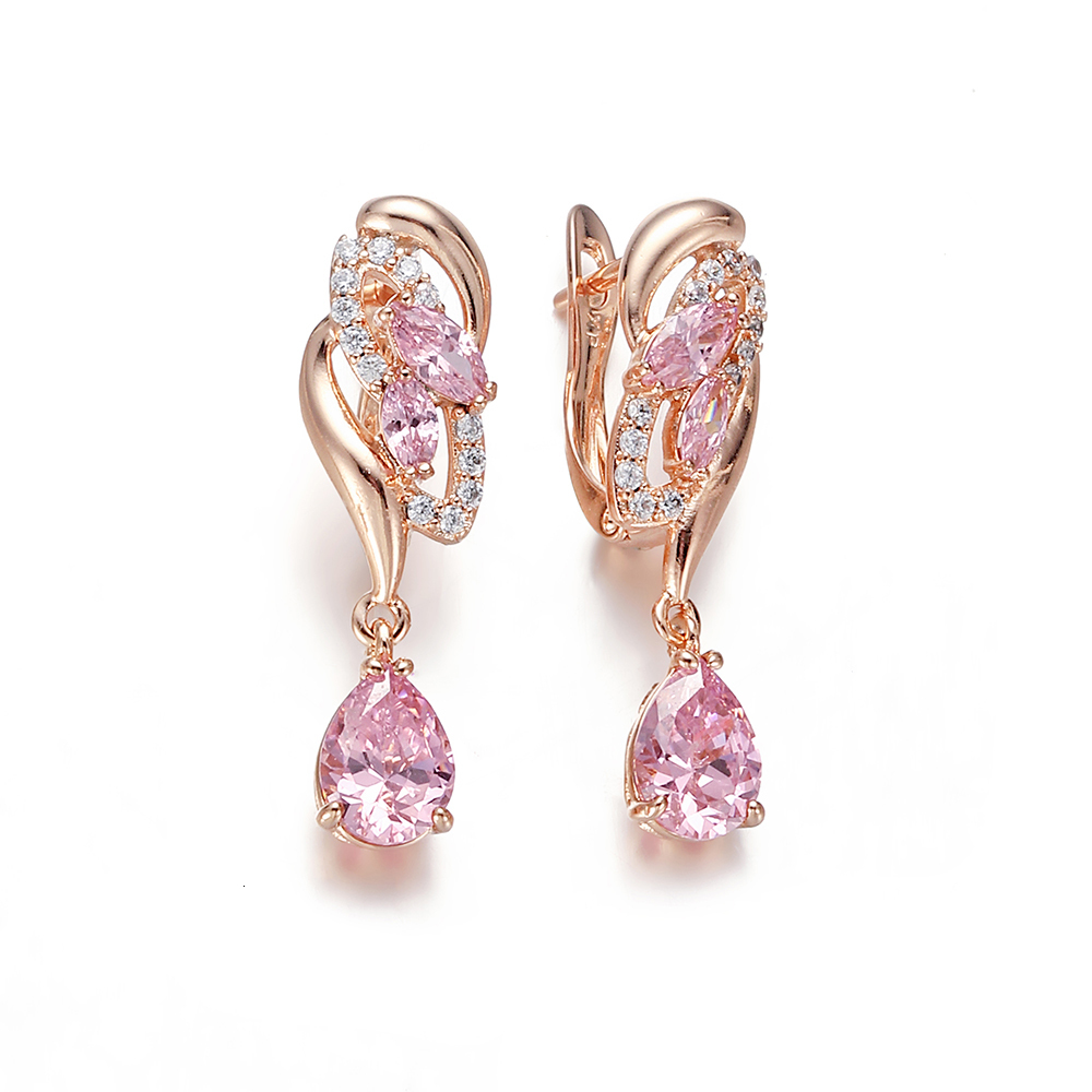 Dangle Chandelier Hanreshe Drop Earrings Quality Cubic Zirconia Rose Gold Color Pink Crystal Earring Fashion Jewelry Party Accessories Woman Gift 2308