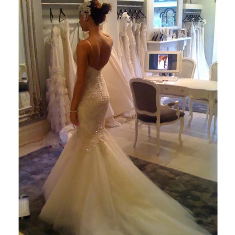 Plus Size Arabic Aso Ebi Mermaid Luxurious Wedding Dress Spaghetti Straps Applique Sparkly Real Image Bridal Gowns