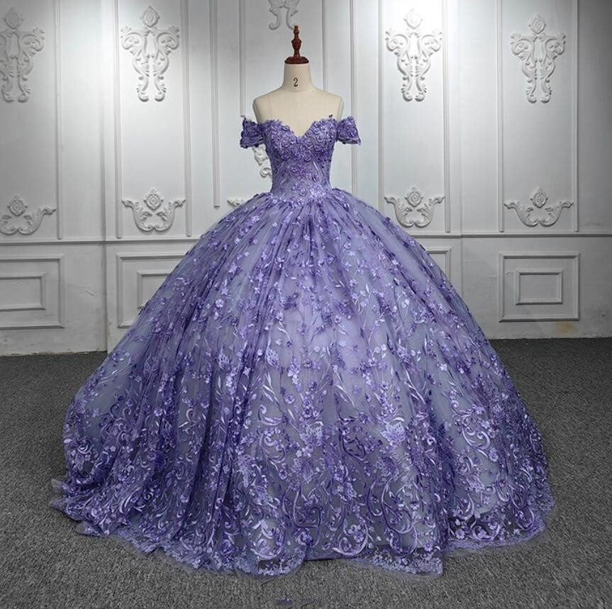 Lilac Lavender Off Shoulder Quinceanera Dresses Lace Floral Applique Beaded Corset Chapel Train vestidos de 15 quinceanera