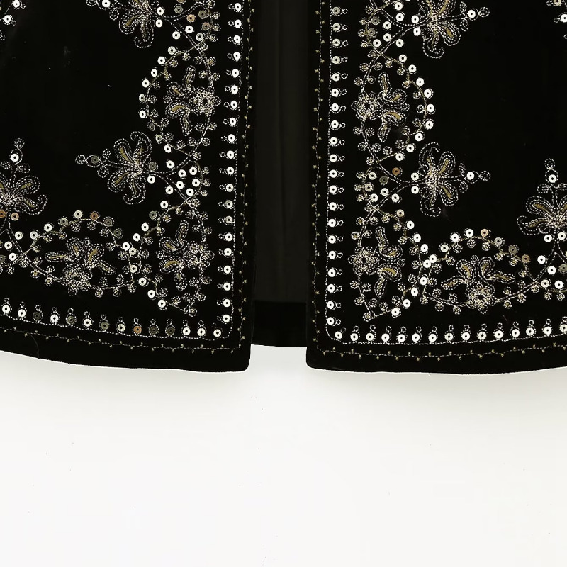 Women's Vests Women Vintage O Neck Sequins Flower Embroidery Short Vest Jacket Ladies Sleeveless Casual Velvet WaistCoat Tops 230808
