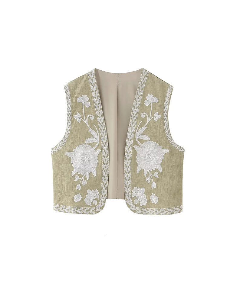 Women's Vests TRAF Embroidered Open Waistcoats Women Basicos Femme Vests Women Sexy Cropped Tops Women Sleeveless Coats 230808