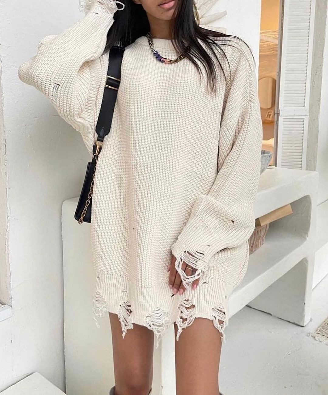 2023 New Knitted Round Neck Loose Split Mid Length Long Sleeve Sweater