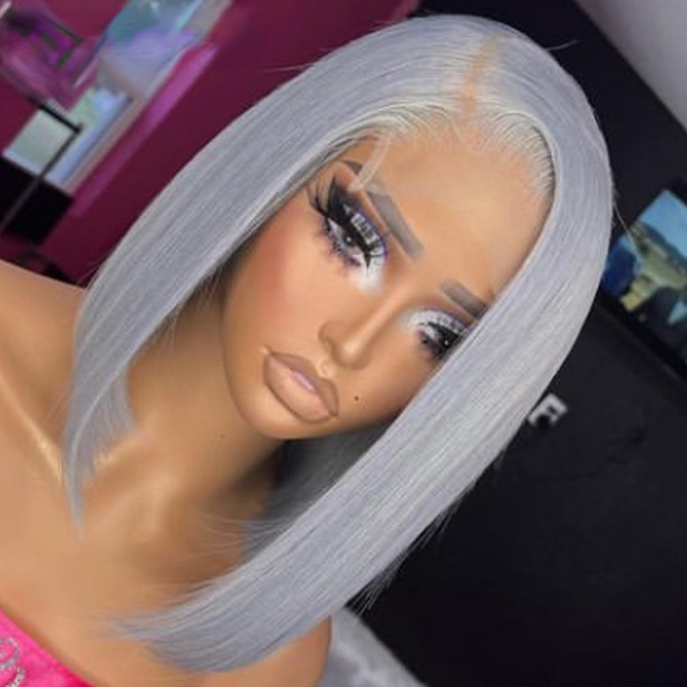 Free shipping Pink Short Front Human Hair 180 Density Bob Lace Wigs For Women Straight Synthetic Closure Wig