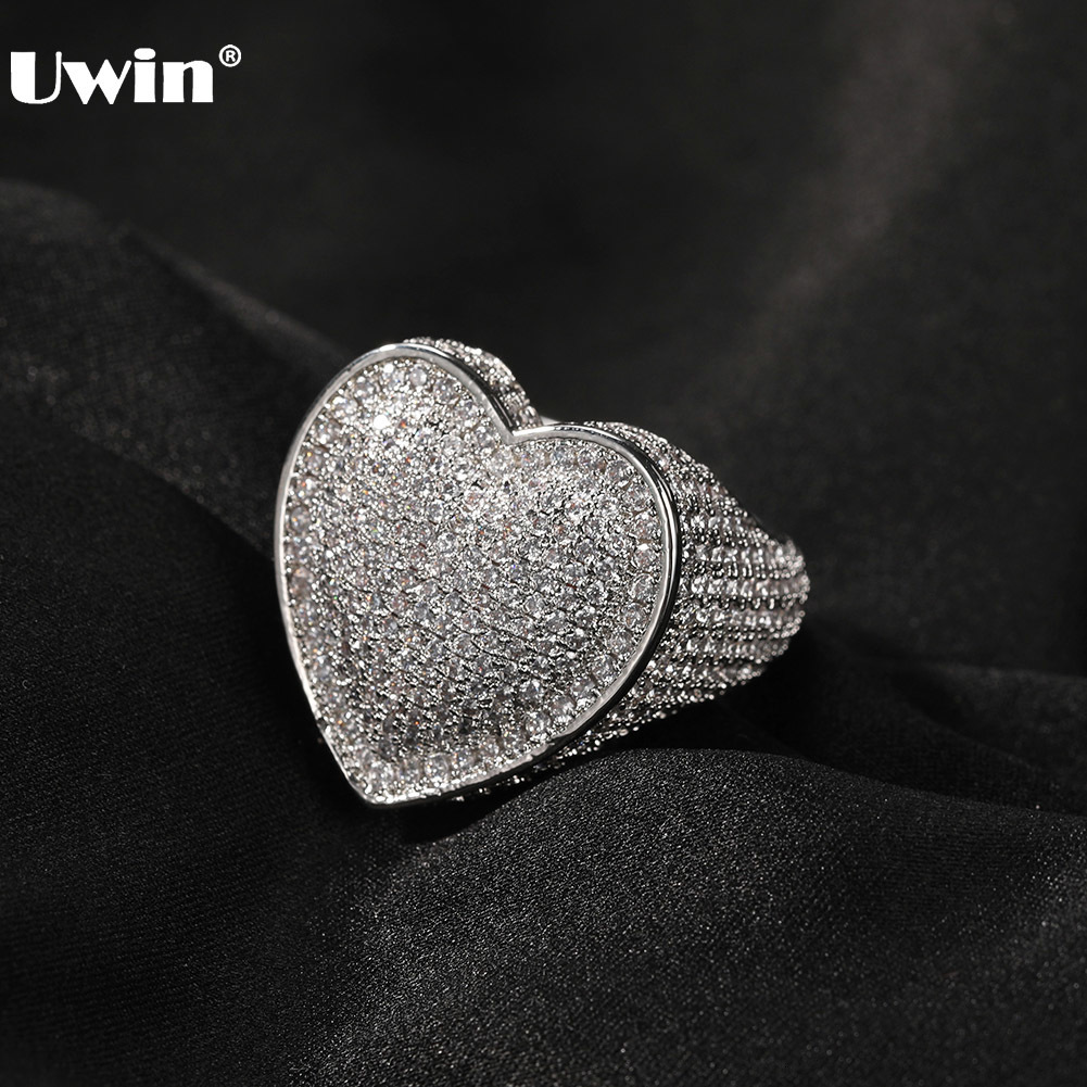 Wedding Rings UWIN Big Heart Ring for Women Men Micro Paved Iced Out CZ Stones Rings Fashion Delicate Punk Jewelry for Drop 230808