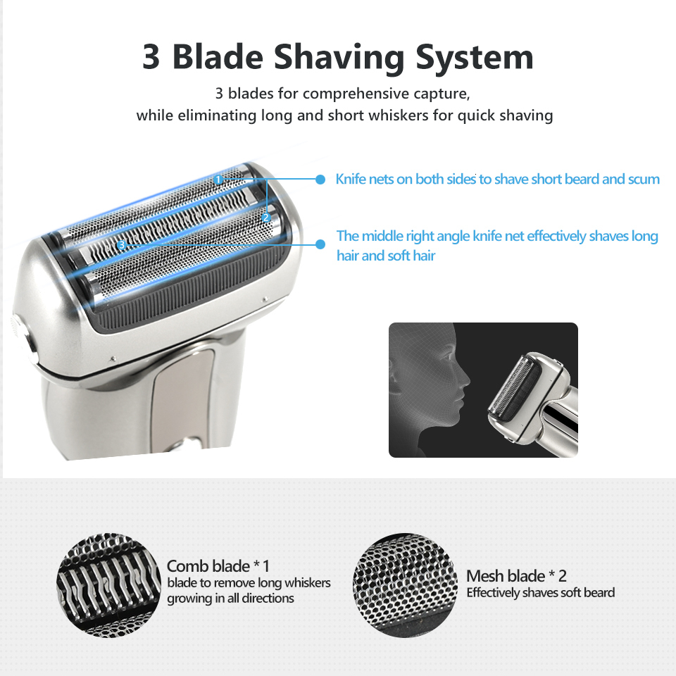 Electric Shavers 3Blade Wet Dry Shaver For Men Beard Stubble 3D Triple Floating Blade Washable Shaving Machine Rechargeable 230807