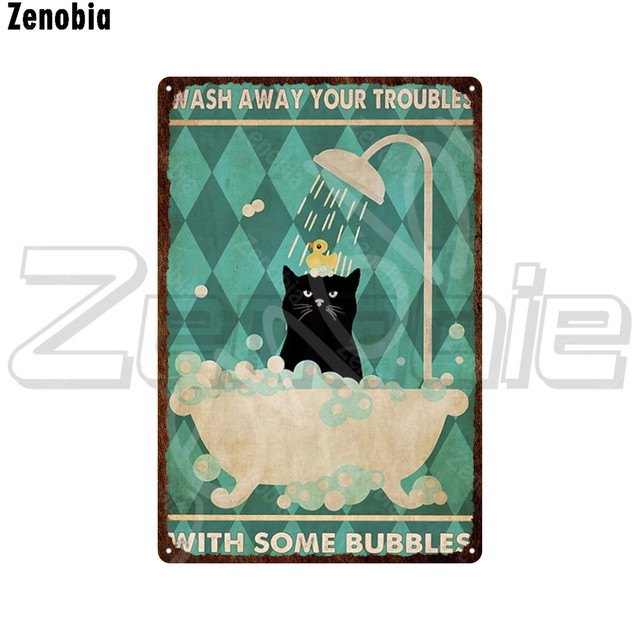 Cat Taking A Bath Funny Metal Sign Black Cat Metal Poster Pet Bath Shop Tin Sign Animal Vintage Plaque Wall Stickers for Bathroom Home Art Decoration 