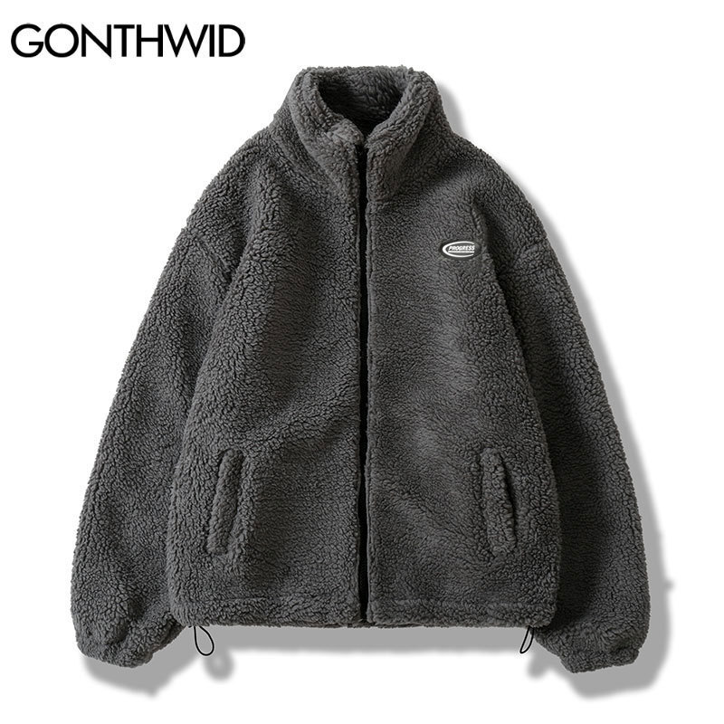 Men's Jackets Hip Hop Winter Fleece Fluffy Jacket Streetwear Harajuku Fuzzy Zipper Coat Men Autumn Solid Color Lightweight Jackets Black Beige