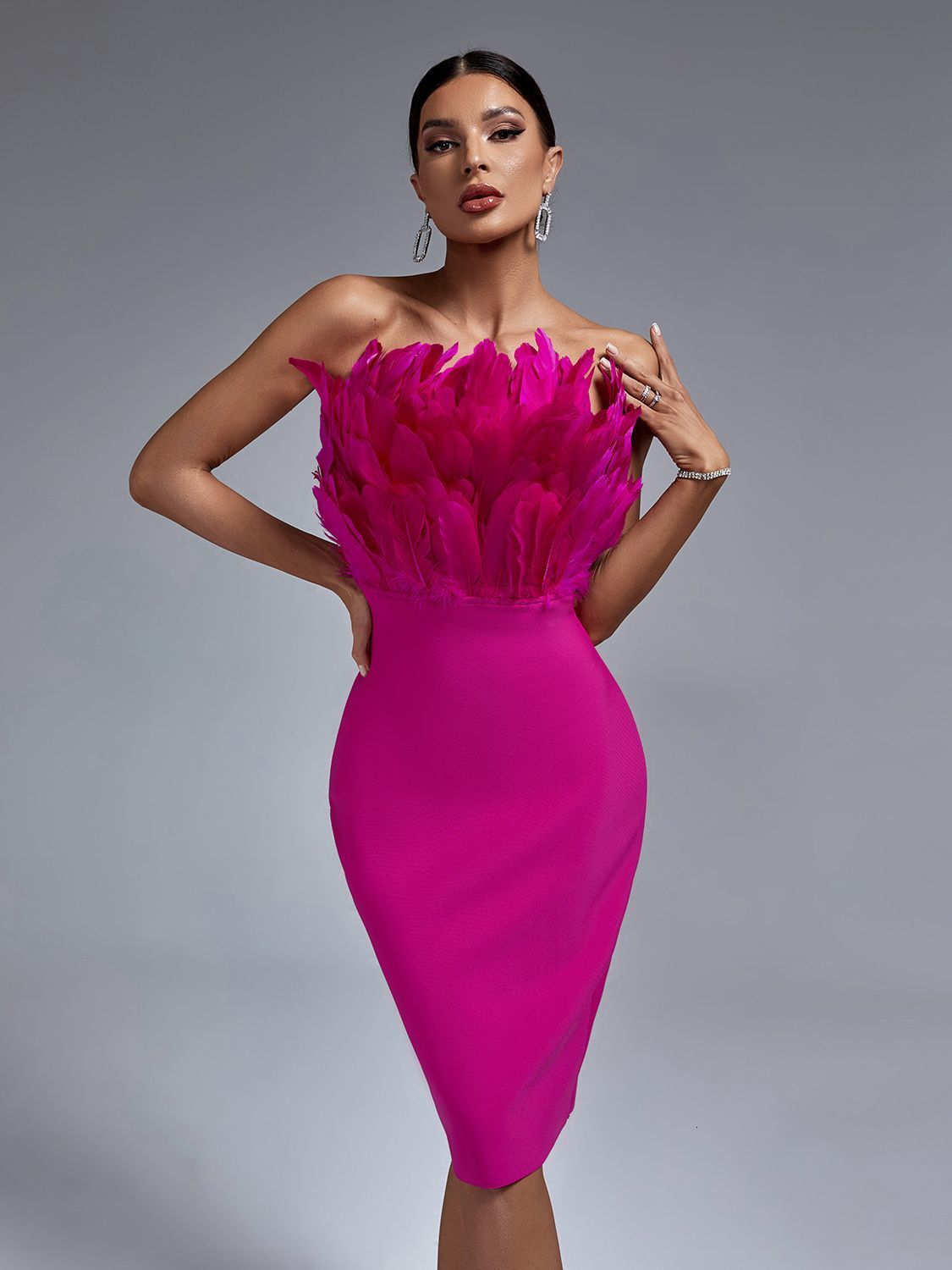 Urban Sexy Dresses Pink Bandage Dress Women Feather Party Dress Bodycon Elegant Midi Sexy Strapless Evening Birthday Club Outfits Summer 230809