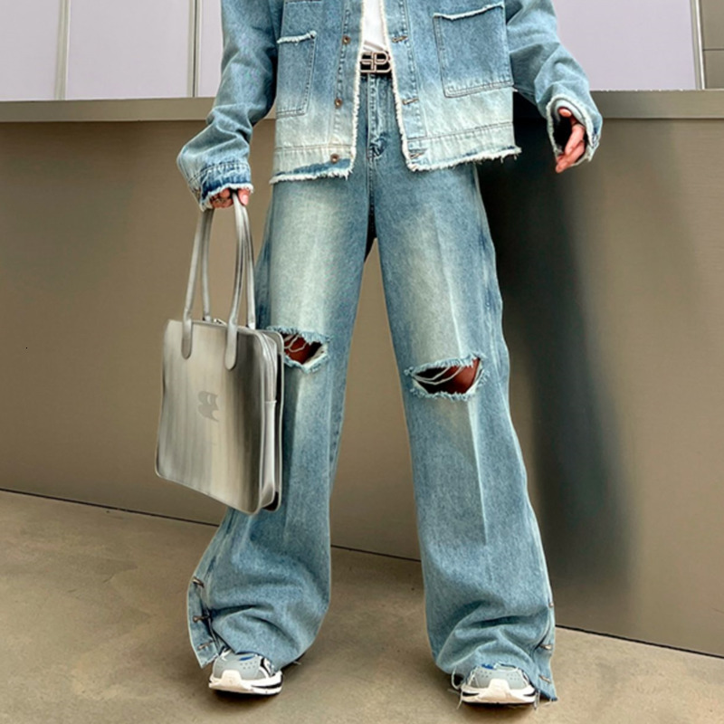 Mens Jeans FEWQ Y2k Ripped Burrs Solid Color Denim Pants Male Vintage Wornout Straight Trousers Breasted Oversize Retro 24B2664 230809
