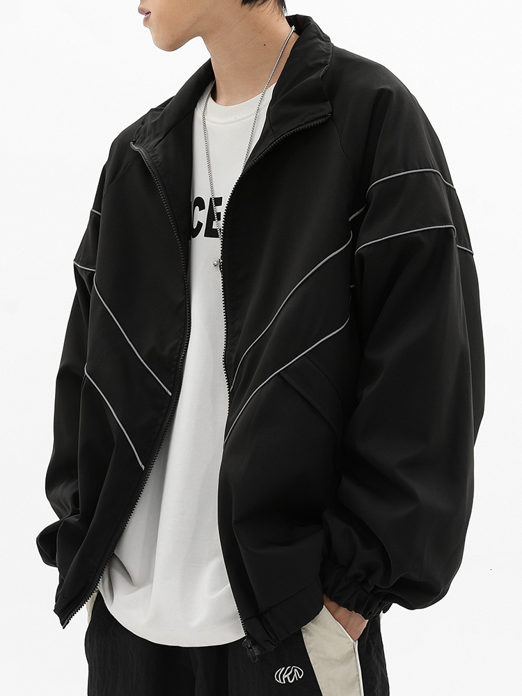 Mens Jackets Spring Autumn Reflective Striped Jacket Zipper Up Varsity Hip Hop Street Thin Coat Sports Black Loose Windbreaker 230809