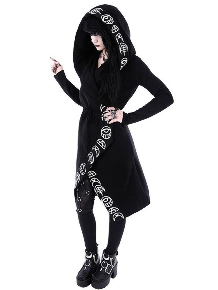 Women's Hoodies Sweatshirts Gothic Punk Black Long Women Hoodies Sweatshirts Halloween Moon Print Long Sleeve Hoodie Women Loose Coat Hooded Swea