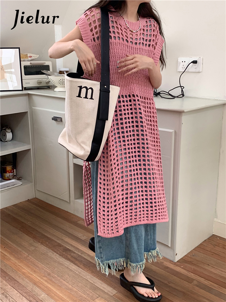 Urban Sexy Dresses Jielur Summer Y2K Hollow Out Women's Dress Chicly Solid Sweet Sexy Dress Woman Pink Korean Loose Fashion Dresses Female 230808
