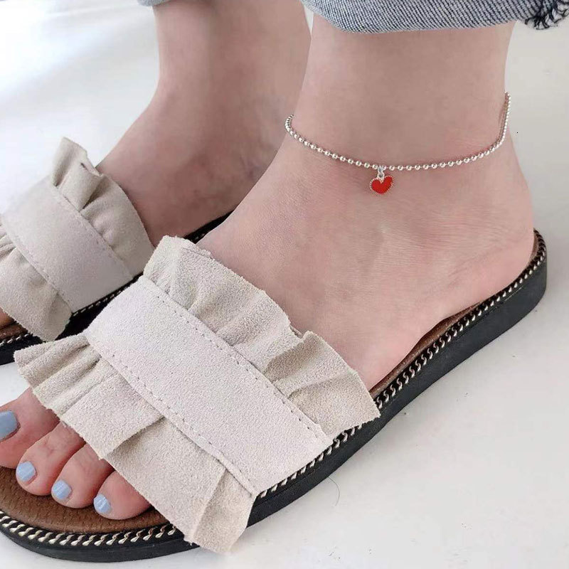 Anklets Real 925 Sterling Silver Red Heart Anklets Woman Beads Ankle Bracelet On The Leg Chain Women Barefoot Summer Jewelry 230808