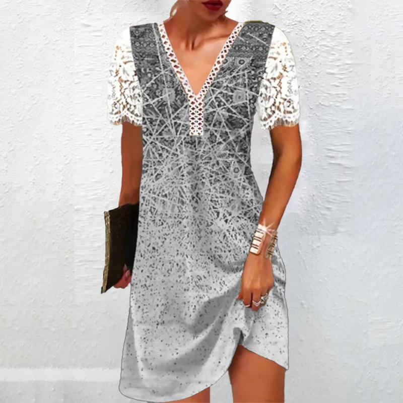 Casual Dresses Women Sexy Beach Dress V Neck A Line Short Sleeve Lace Holiday Daily Wear Patchwork Skirt Solid Color Loose Mini