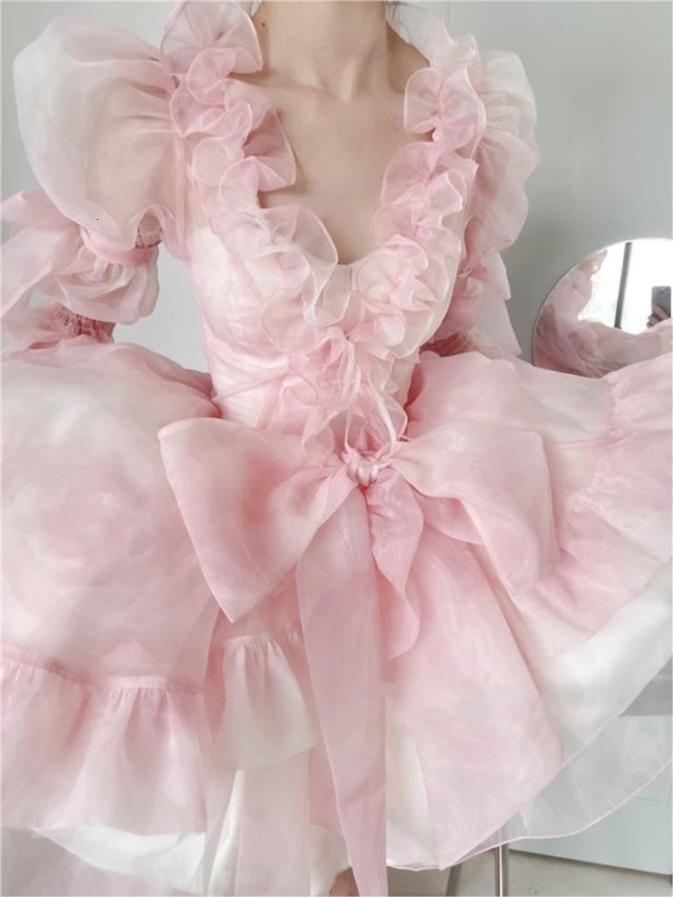 Urban Sexy Dresses Women Organza Chic Pink Asymmetrical Dress Vintage Summer Mini Birthday Female Ruffles Party Vestidos Lady Holiday Puff Dress 23080