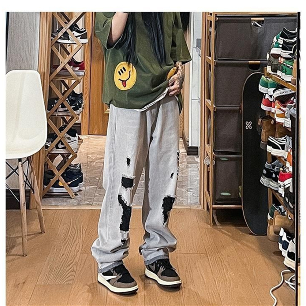 Men's Jeans Men Anklelength Holes Solid Retro Streetwear Allmatch Teen Straight Trendy Loose Leisure Harajuku High Street Chic 230809
