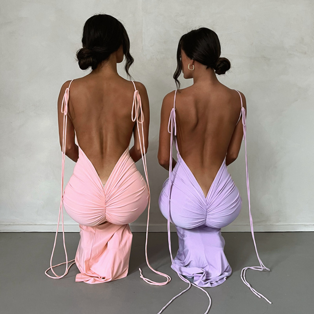 Urban Sexy Dresses Summer Backless Maxi Dress Women Sexy Spaghetti Strap Bodycon Dress Elegant Fashion Ruched Long Evening Party Dresses Pink 230809