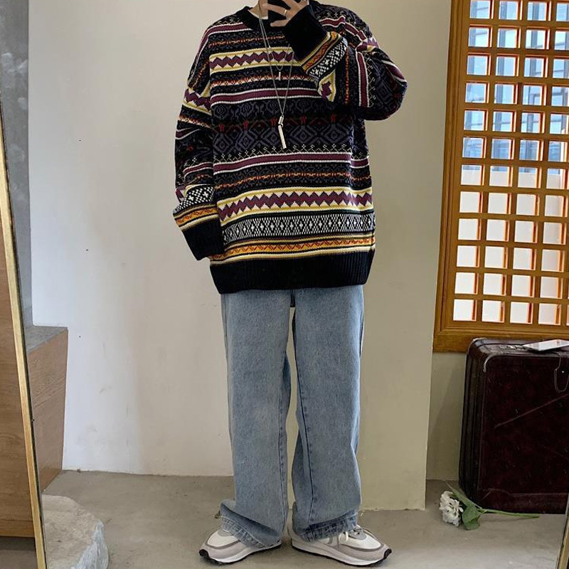 Men's Sweaters Fashion Round Neck Sweater for Men Autumn Winter Baggy Vintage Pullover Knitwear Couple Long-Sleeved Tops Casual Warm Clothes 2308