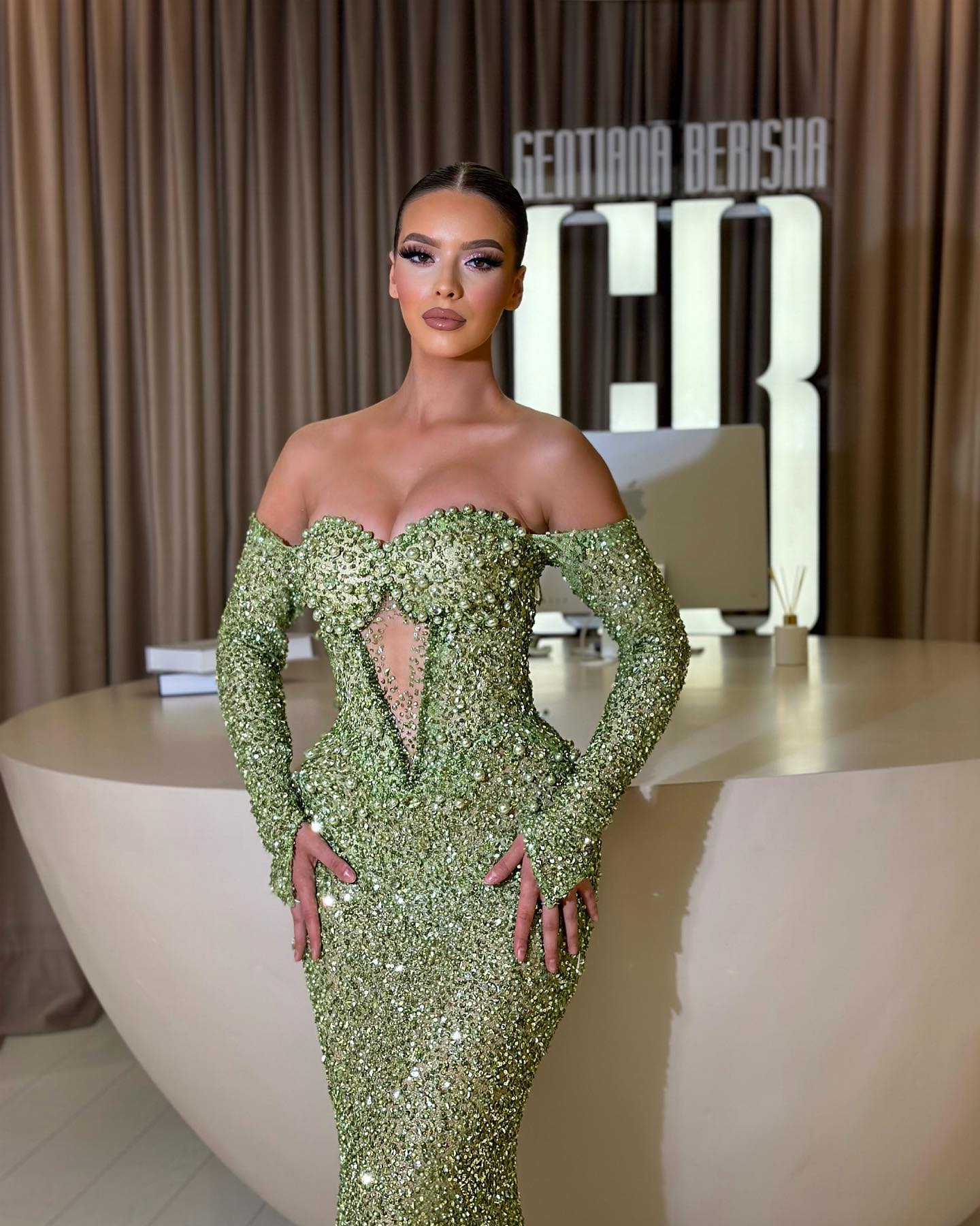 Green Sequins Mermaid Evening Dresses Off Shoulder Keyhole Neck Pearls Party Prom Formal Long Red Carpet Dress For Special Ocn 6660306