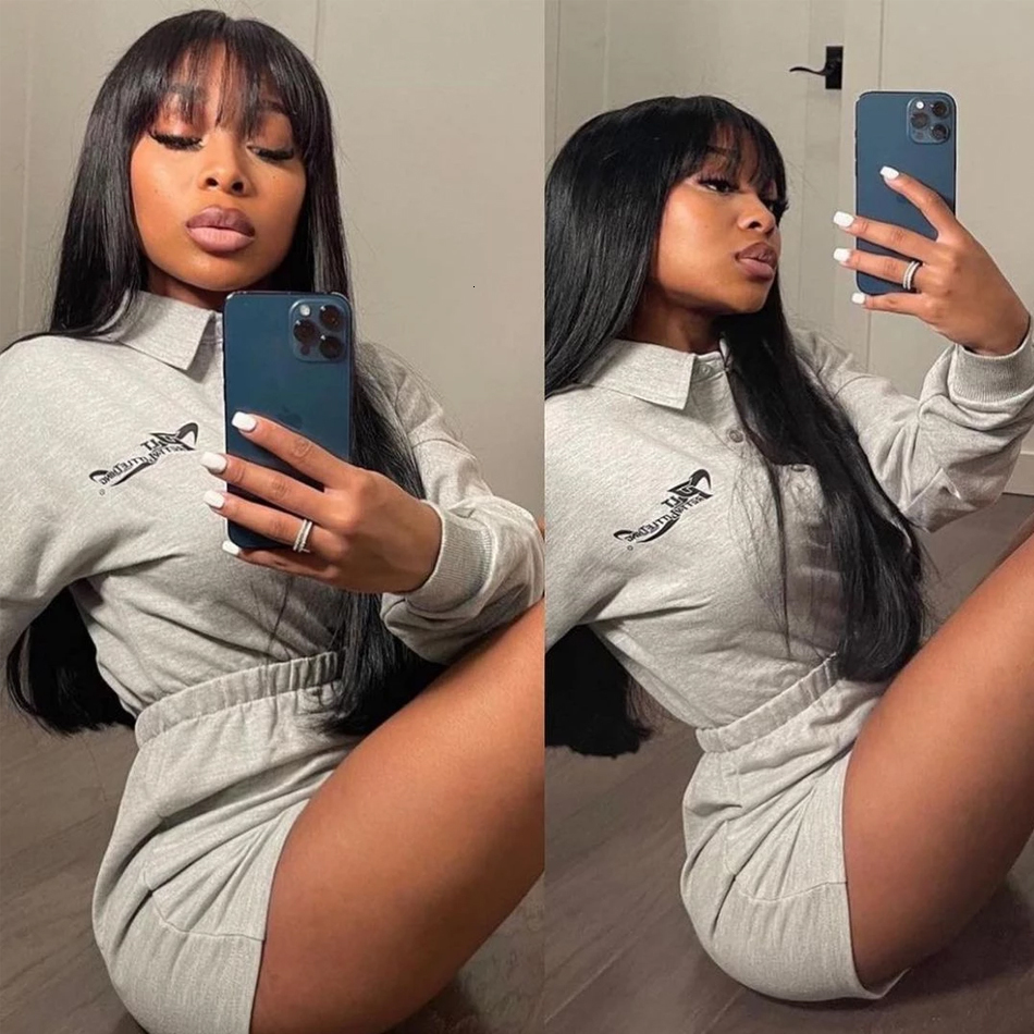 Synthetic Wigs Straight Wig With Bangs Fringe Bob Human Hair Wig With Bangs For Women Brazilian Remy Hair Glueless Full Machine Made With Bangs 230808