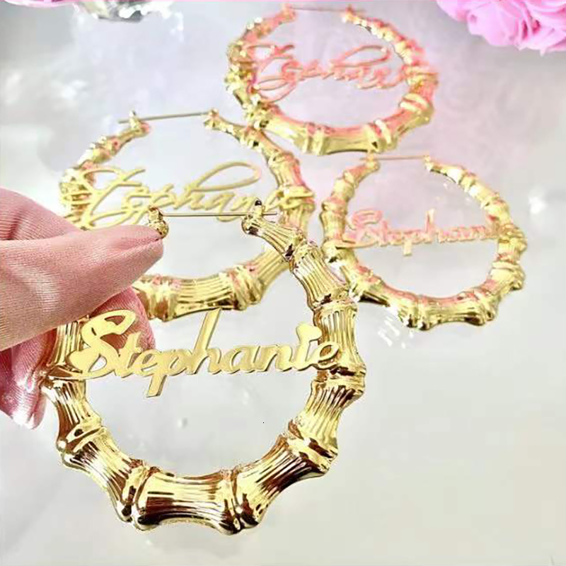 Hoop Huggie Custom Gold Stainless Steel Name Round Bamboo Hoop Earrings for Women Girl Customized Hip Hop Big Earrings Statement Jewelry 230808