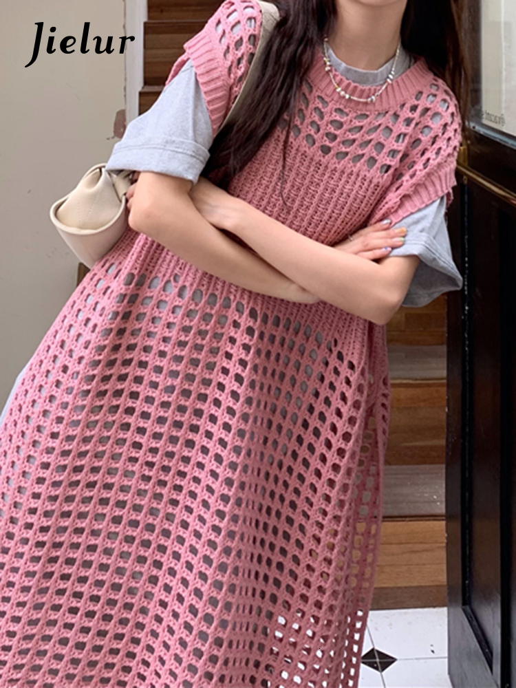 Urban Sexy Dresses Jielur Summer Y2K Hollow Out Women's Dress Chicly Solid Sweet Sexy Dress Woman Pink Korean Loose Fashion Dresses Female 230808