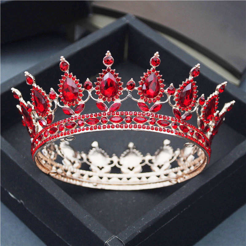 Wedding Hair Jewelry Teardrop Tiaras and Crowns Pink Red Diadem Royal Queen King Full Circle Ornaments Bridal Wedding Hair Jewelry Party Accessories 2