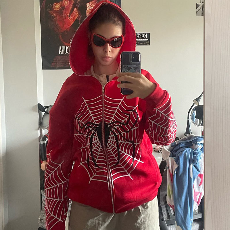 Women's Hoodies Sweatshirts Hip Hop Women Hoodies Gothic Spider Web Print Hooded Zip Up Jacket Coats Grunge Y2k Oversized Streetwear Men's S