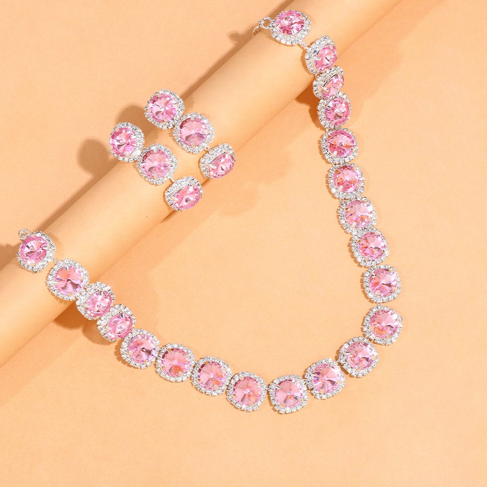 Wedding Jewelry Sets Stonefans Round Wedding Neckalce Earrings Set for Women Bridal Accessories Pink Crystal Indian Jewelry Set Birthday 230808