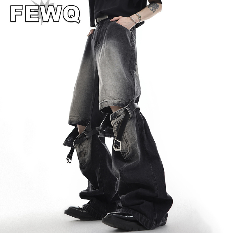 Mens Jeans FEWQ Vintage Men Spliced Micro Flared American Style High Street Wide Leg Straight Denim Pants Summer Clothing 9A8932n 230809
