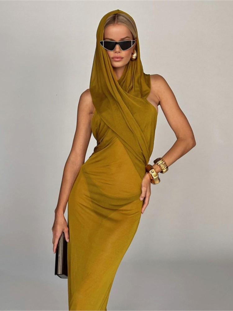 Urban Sexy Dresses Fashion Cross Hooded Dress Women Sleeveless Backless Skinny Long Dresses Summer Elegant Party Club Solid Bodycon Vestidos 230808