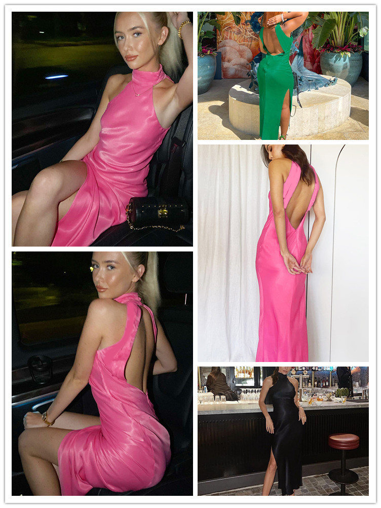 Urban Sexy Dresses Elegant Sexy Satin Long Dress Women Turtleneck Backless Slim Bodycon Dresses Female Fahsion Party Maxi Dress Vestidos Robes 230808