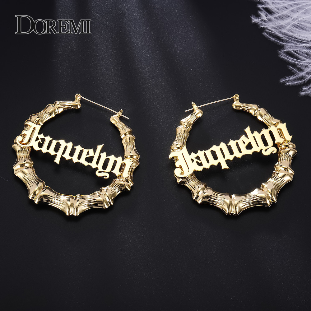 Hoop Huggie DOREMI Stainless Steel Bamboo Hoop Earrings Customize Name Earrings Bamboo Style Custom Hoop Earring With Statement Words Number 230808