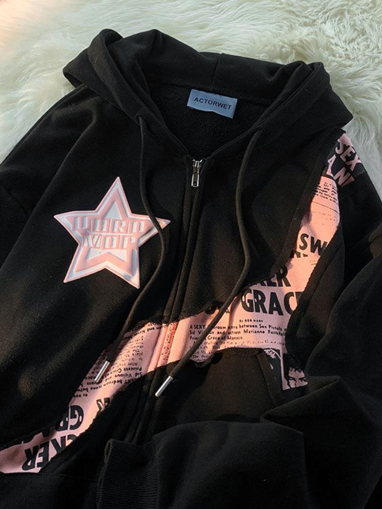 Women's Jackets Deeptown Y2K Vintage Zip Up Hoodies Women Harajuku Hip Hop Letter Print Sweatshirts Gothic Streetwear Loose Patchwork Tops
