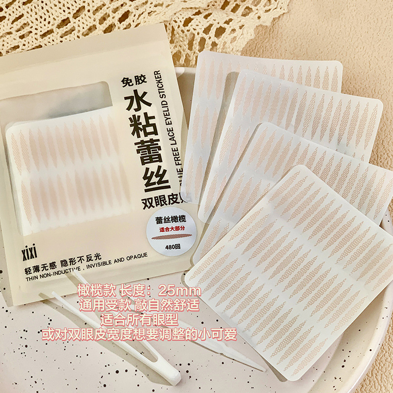 Xixi Lace Eyelid Tape Sticker 480 Stickers Invisible Double Fold Eyelid Paste Clear Beige Stripe Glue Free Water Self-adhesive Natural Eye Tape Makeup