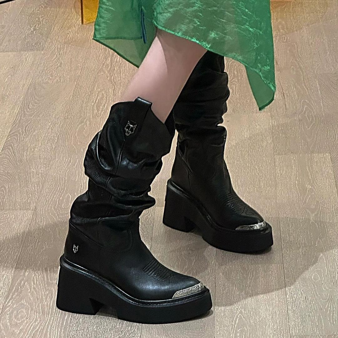 Naked Wolf Stacked Knee Boots Designer Women Shoes British Retro Thick Bottom Elevated Metal 8cm Platform Heels Motorcycle Combat booties 35-41